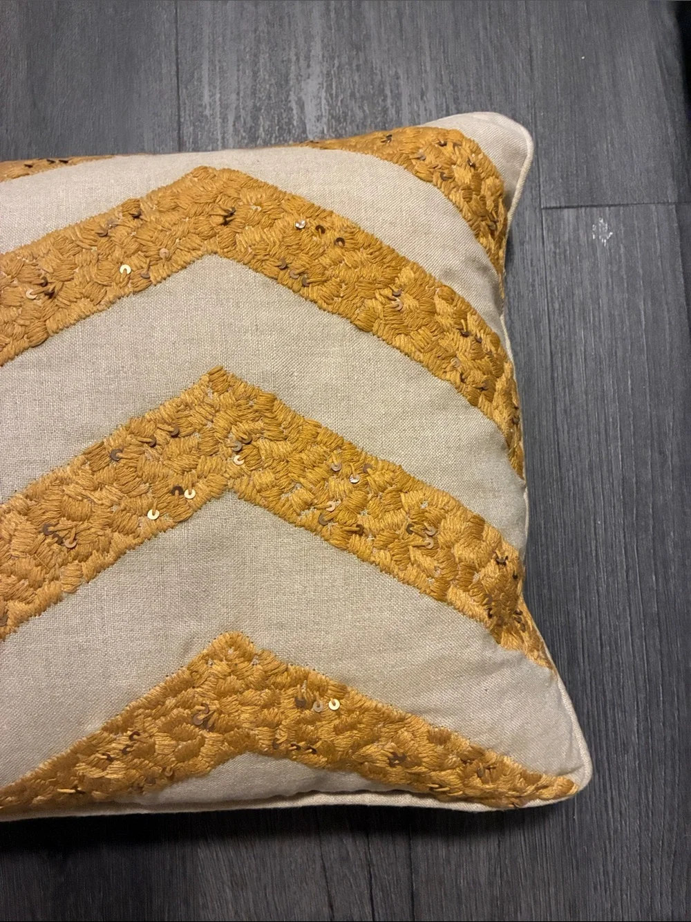 Anthropologie Mustard Chevron Embroidered Lumbar Pillow with Sequin Detail